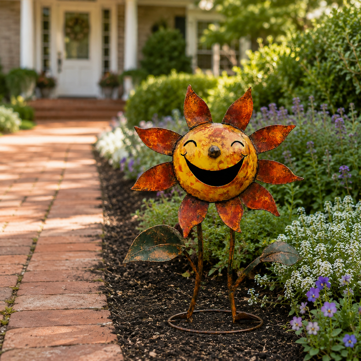 Vintage Smiling Sunflower Metal Figurine