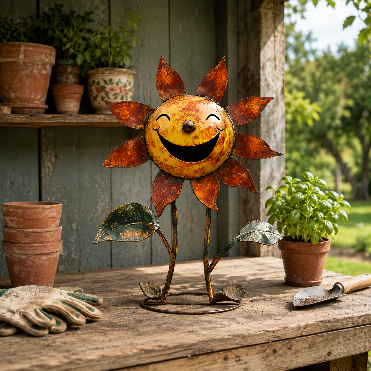 Vintage Smiling Sunflower Metal Figurine