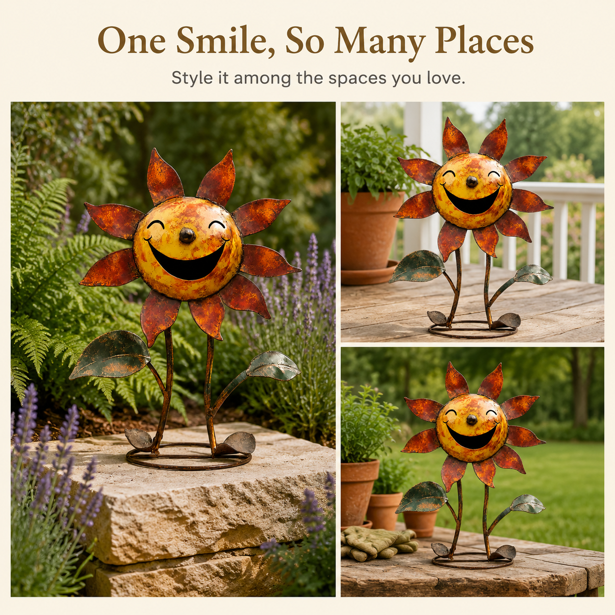 Vintage Smiling Sunflower Metal Figurine