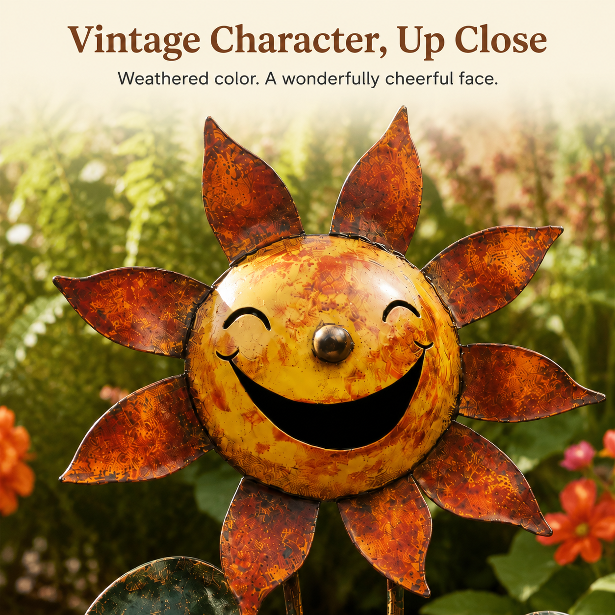 Vintage Smiling Sunflower Metal Figurine