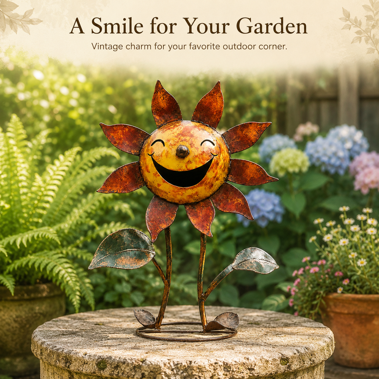 Vintage Smiling Sunflower Metal Figurine