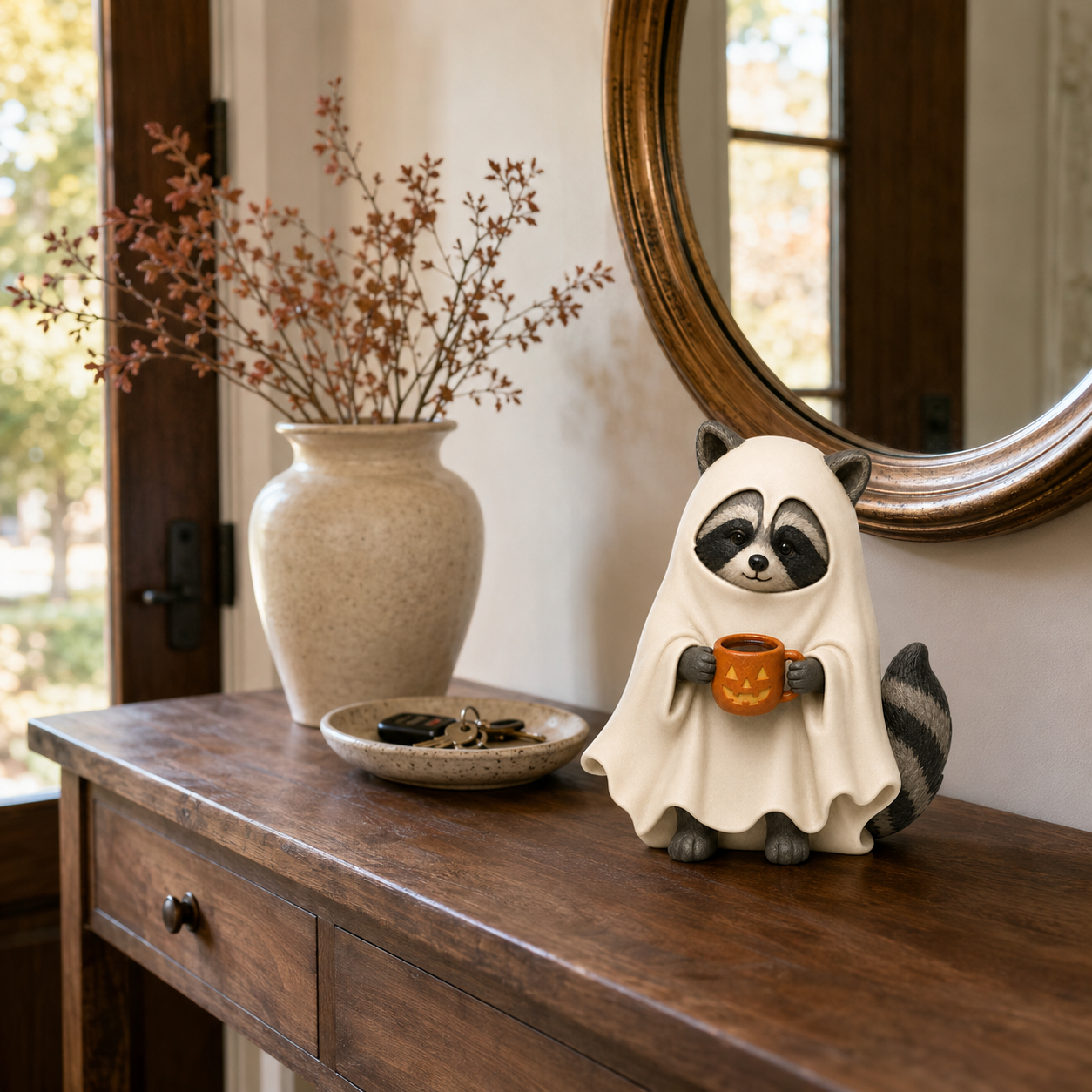 Cozy Boo Raccoon Halloween Figurine