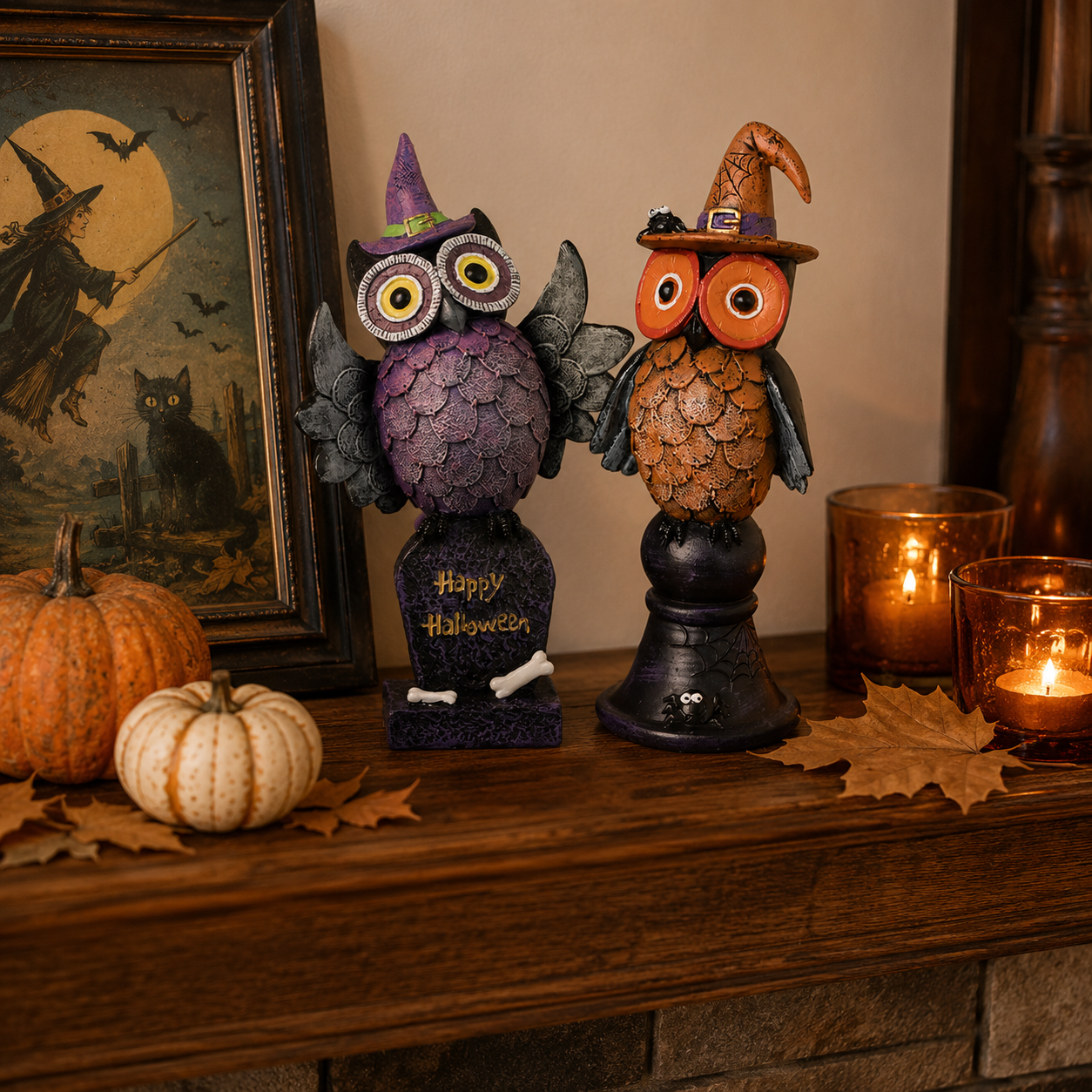 Witchy Halloween Owl Figurines