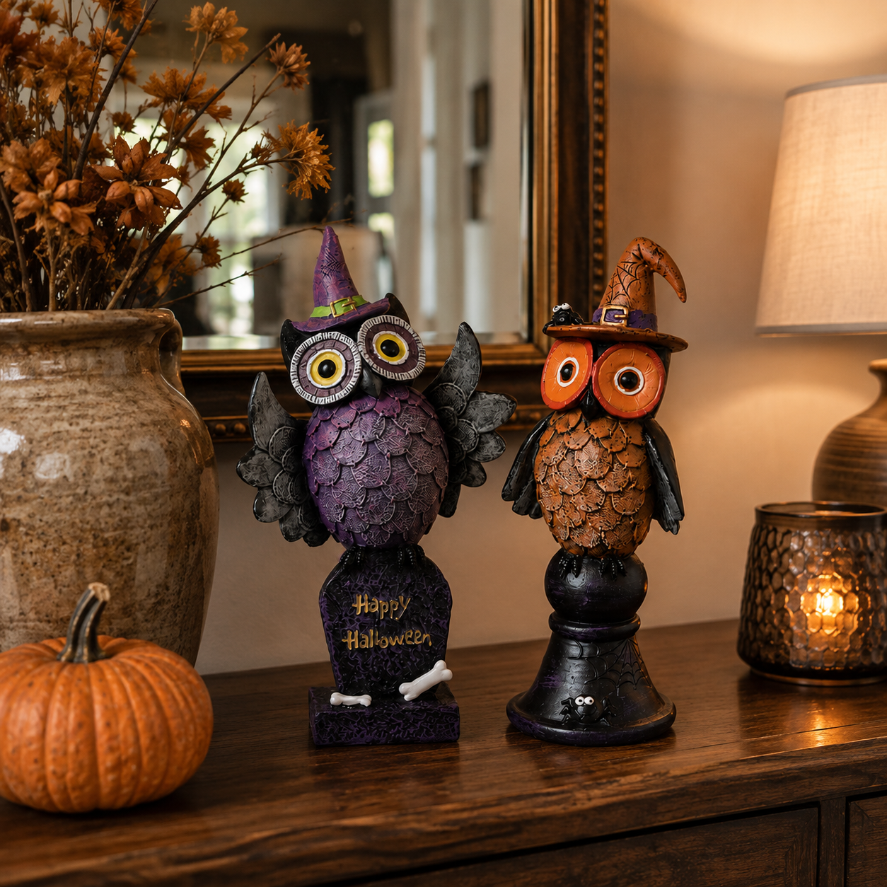 Witchy Halloween Owl Figurines