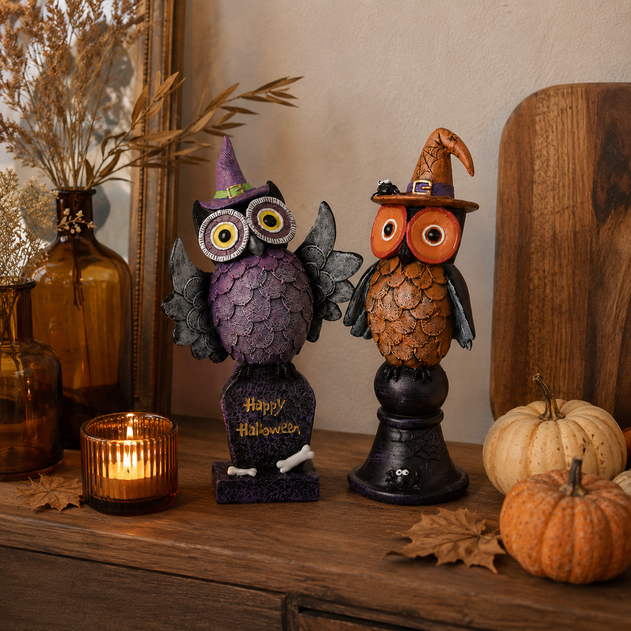 Witchy Halloween Owl Figurines