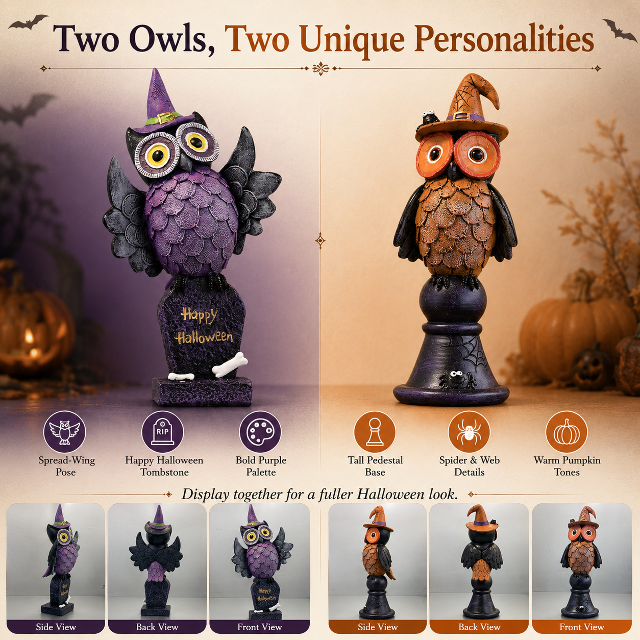 Witchy Halloween Owl Figurines