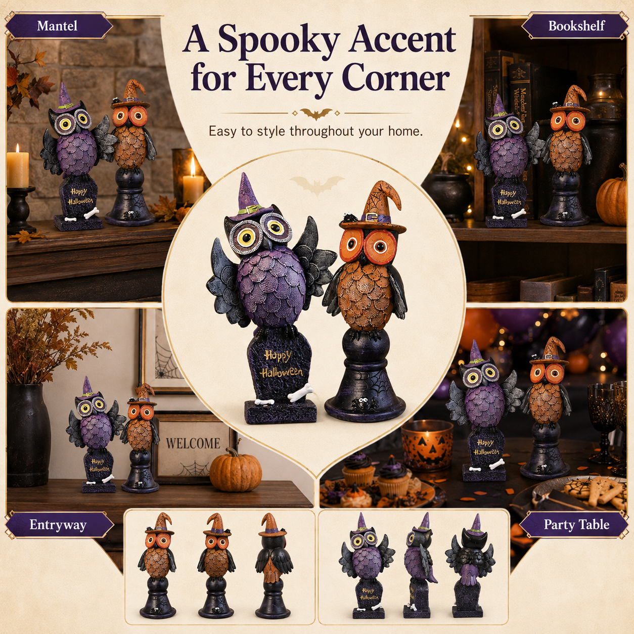 Witchy Halloween Owl Figurines
