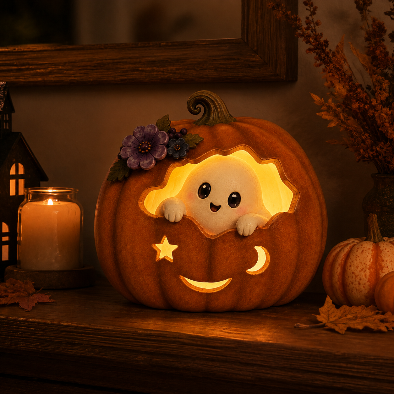 Cozy Ghost Pumpkin LED Halloween Decoration