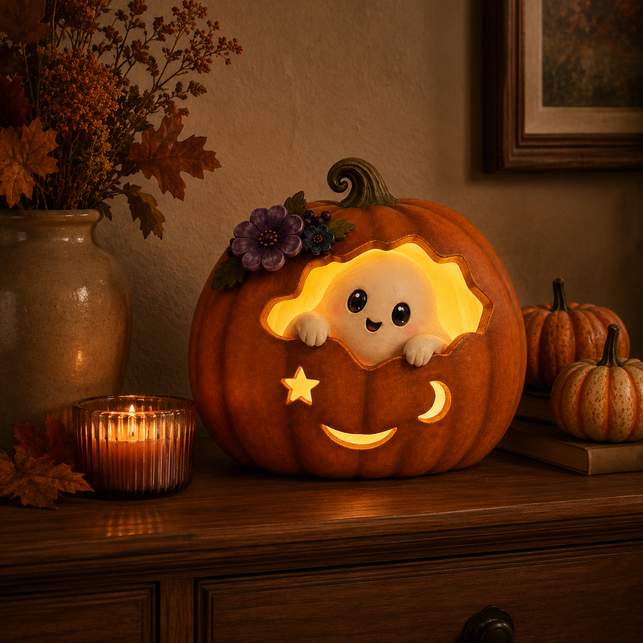 Cozy Ghost Pumpkin LED Halloween Decoration