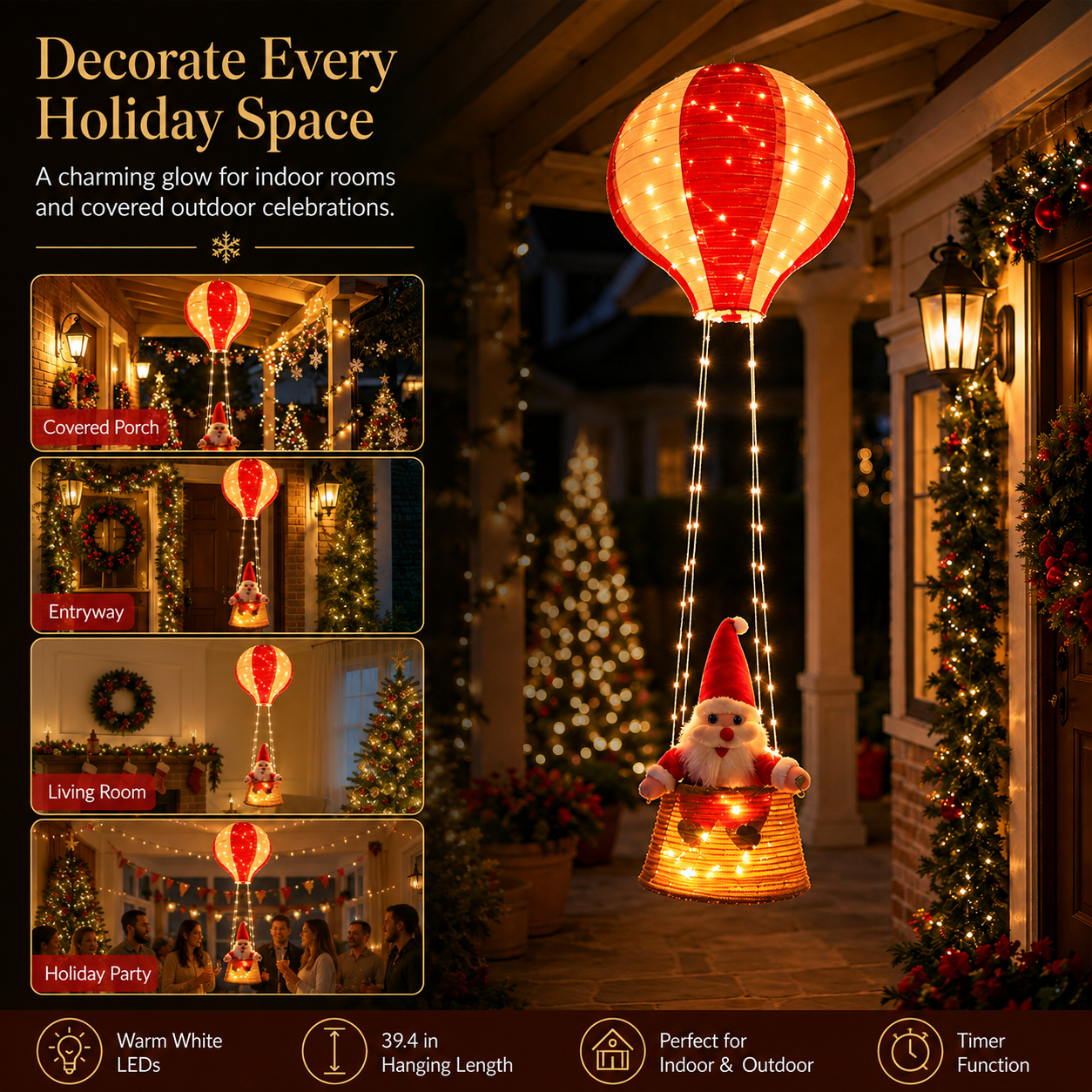 Lighted Santa Hot Air Balloon Christmas Decoration