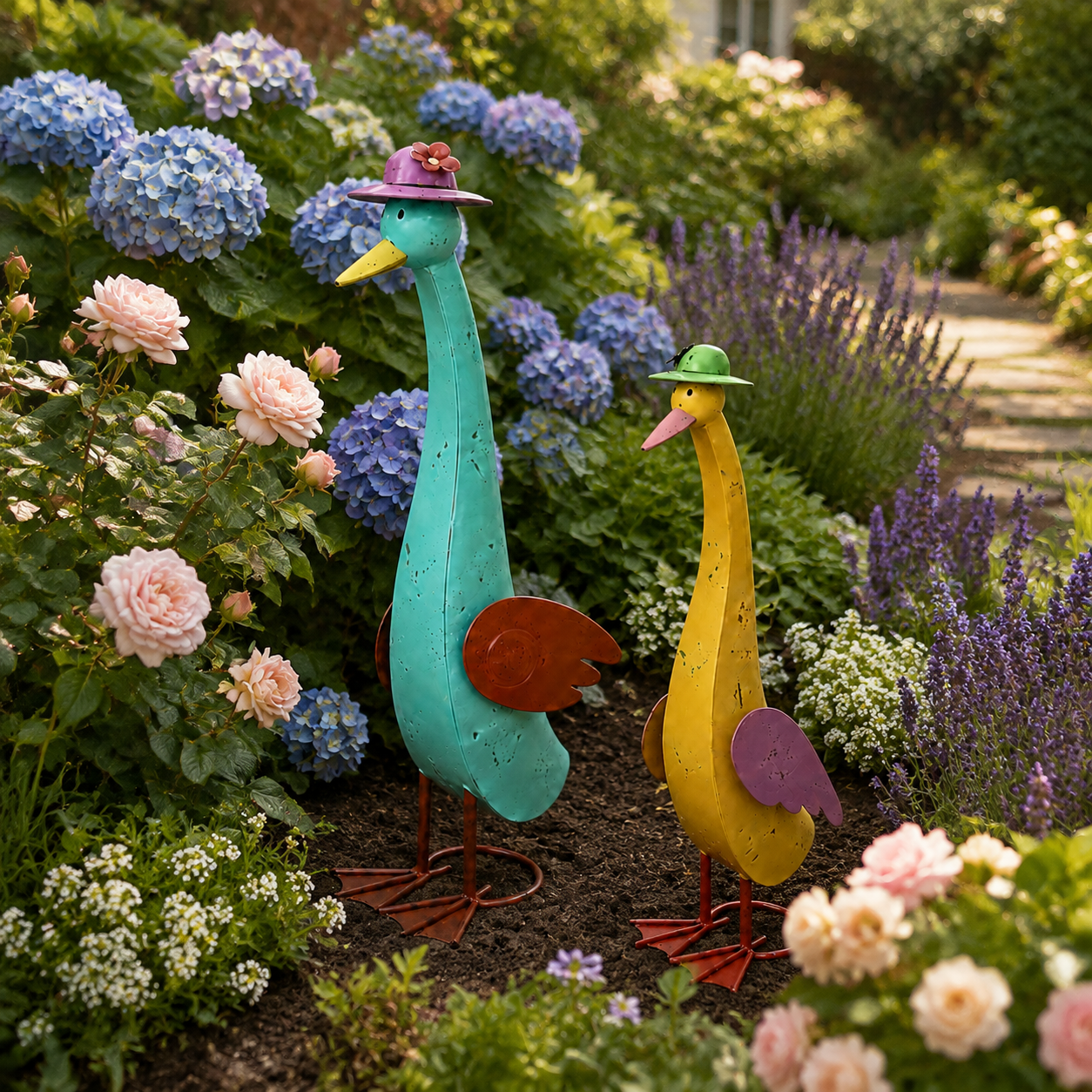 Vintage Whimsical Metal Garden Goose Figurines