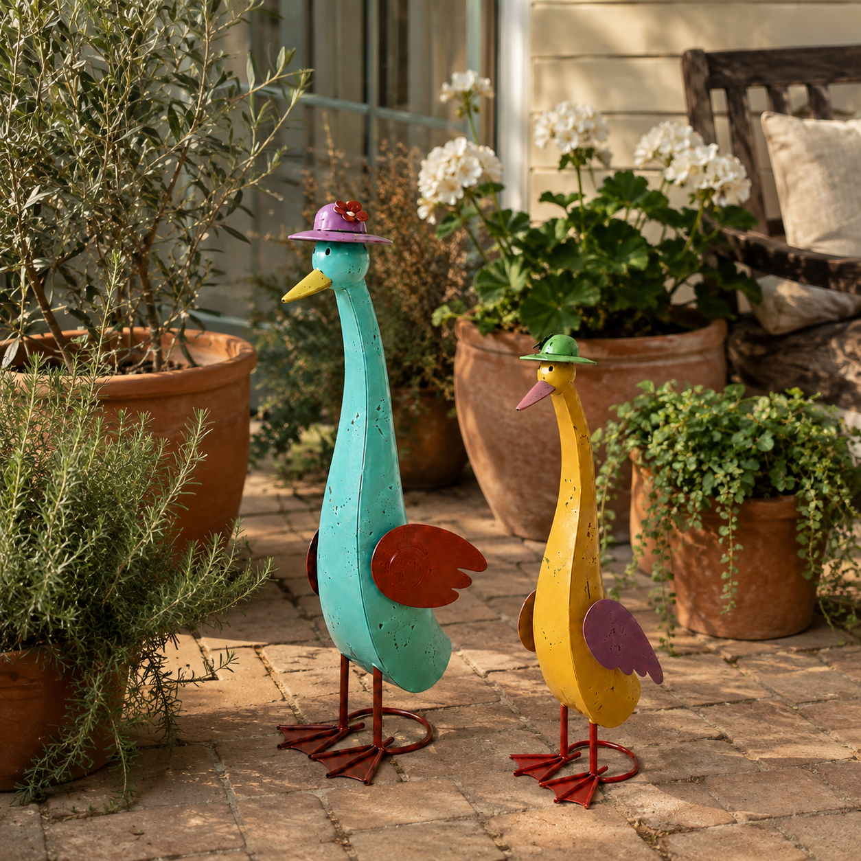 Vintage Whimsical Metal Garden Goose Figurines