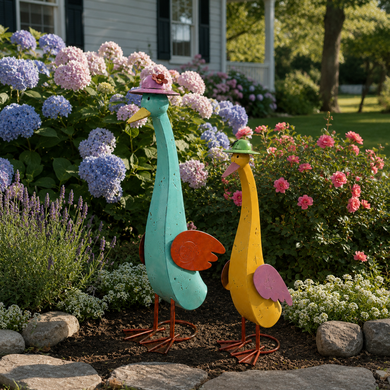 Vintage Whimsical Metal Garden Goose Figurines