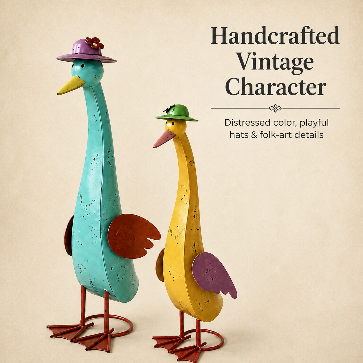 Vintage Whimsical Metal Garden Goose Figurines