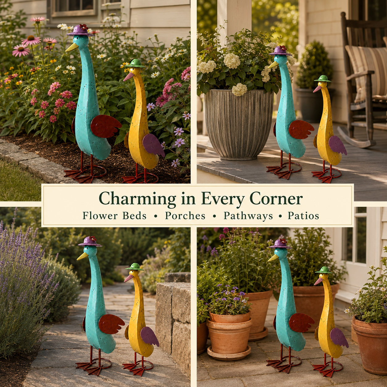 Vintage Whimsical Metal Garden Goose Figurines
