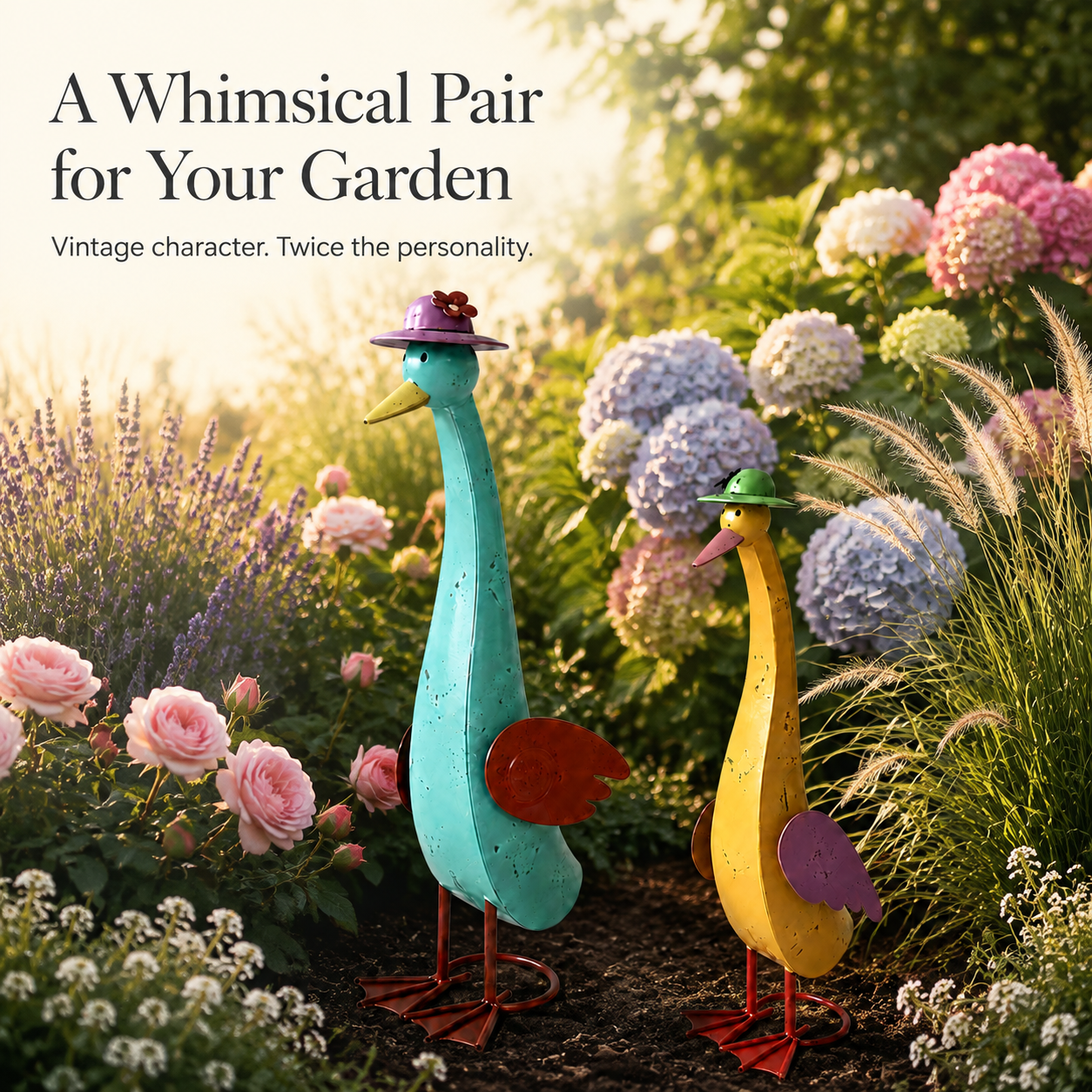 Vintage Whimsical Metal Garden Goose Figurines