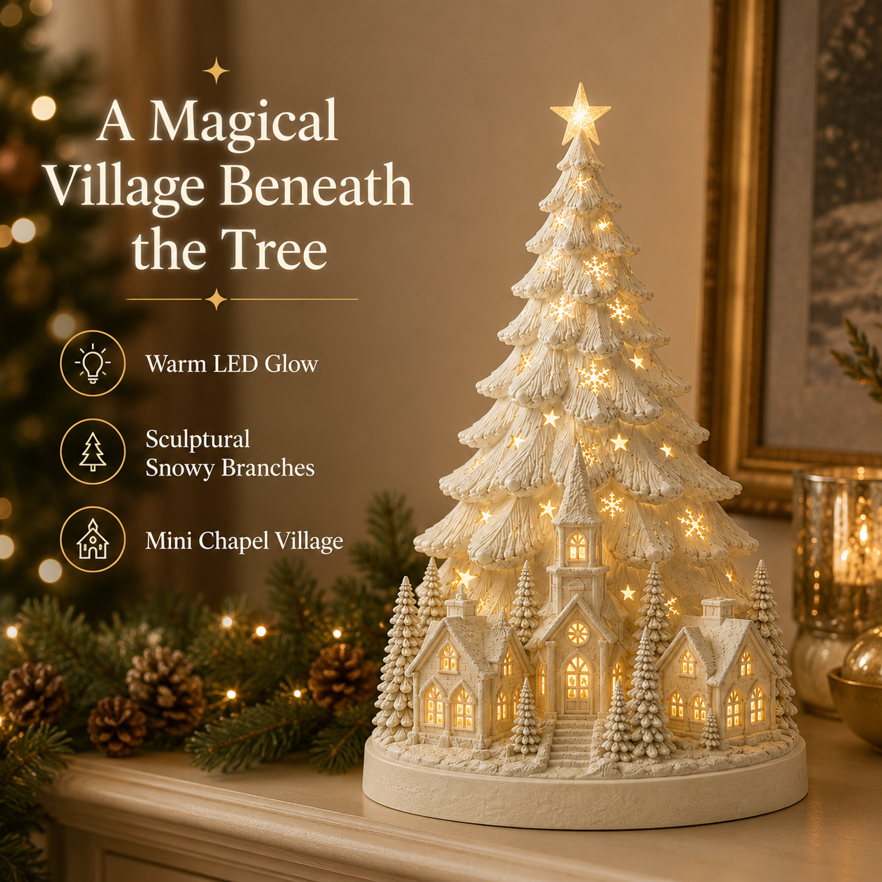 Lighted Christmas Village Tree with Remote Control
