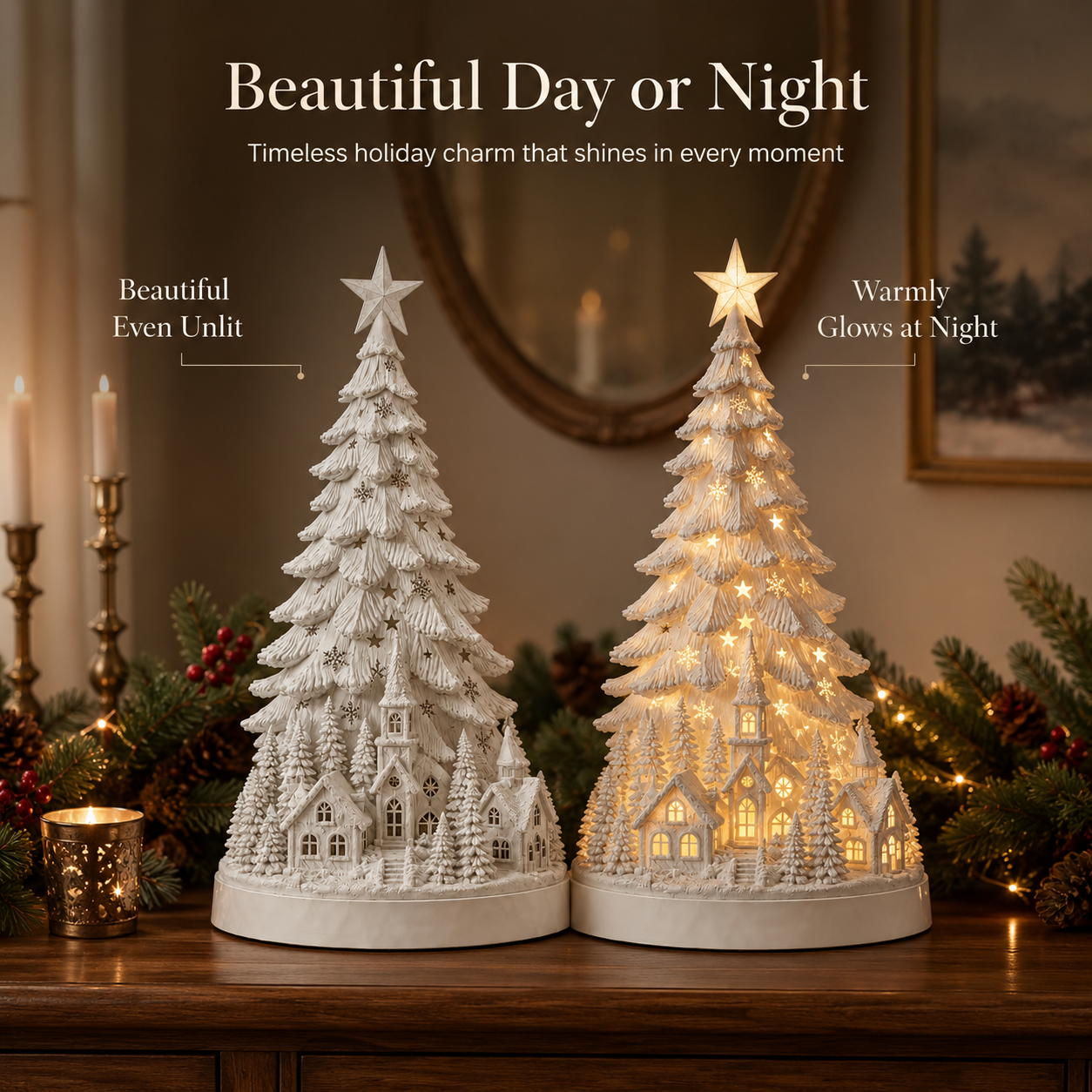 Lighted Christmas Village Tree with Remote Control