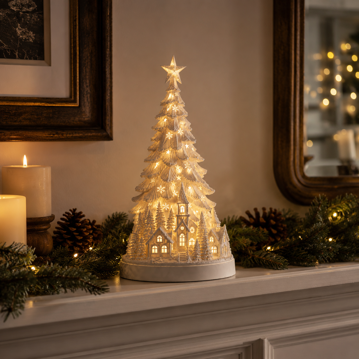 Lighted Christmas Village Tree with Remote Control