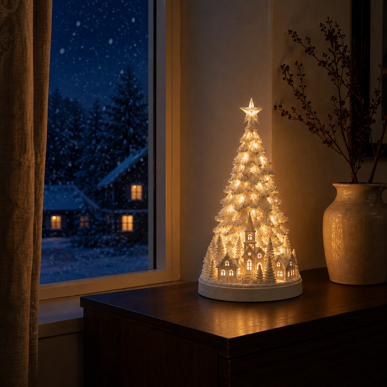 Lighted Christmas Village Tree with Remote Control