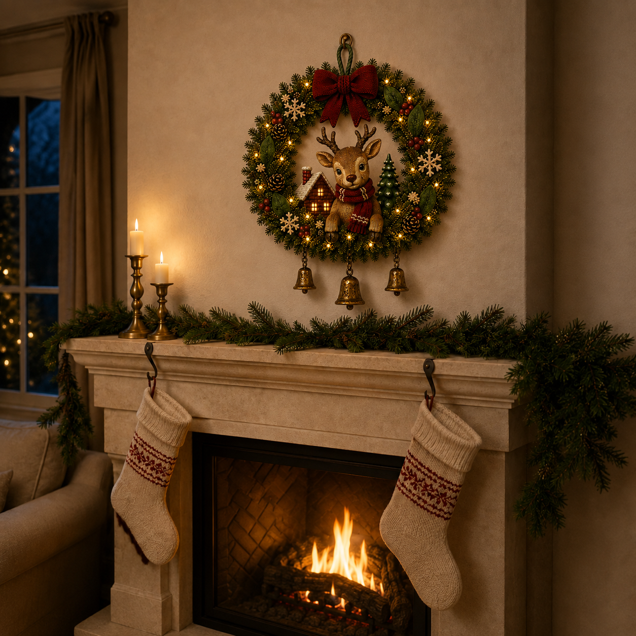 Lighted Reindeer Christmas Wreath