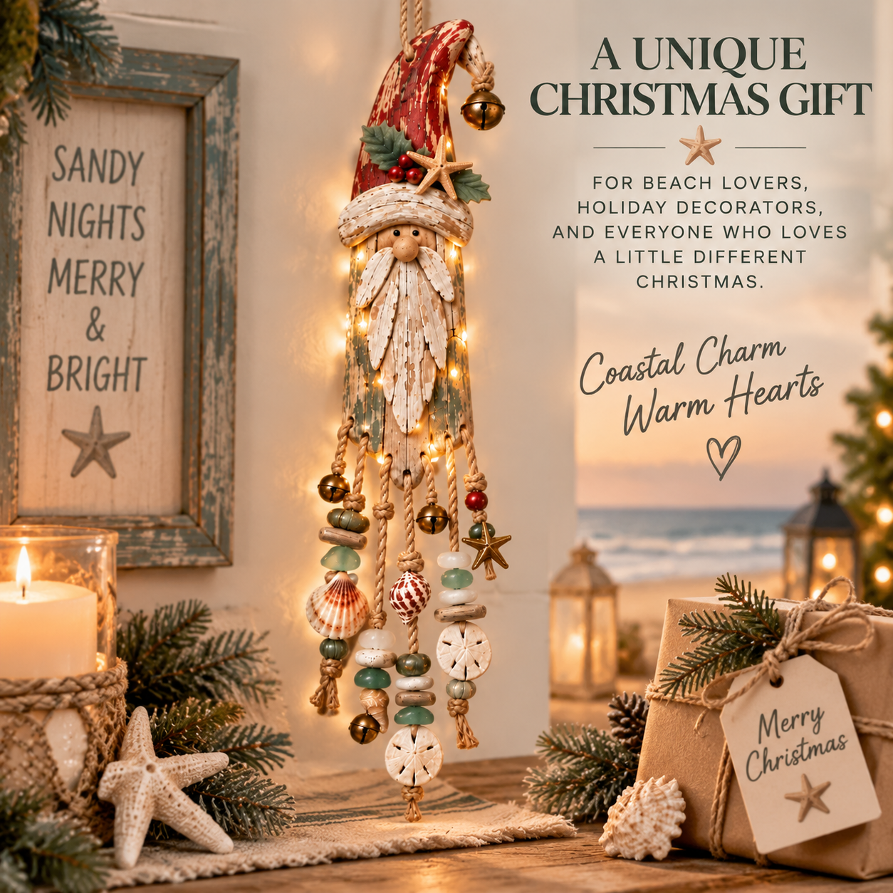 Lighted Coastal Christmas Gnome Hanging Decor