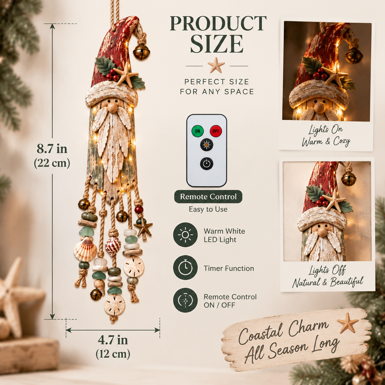 Lighted Coastal Christmas Gnome Hanging Decor