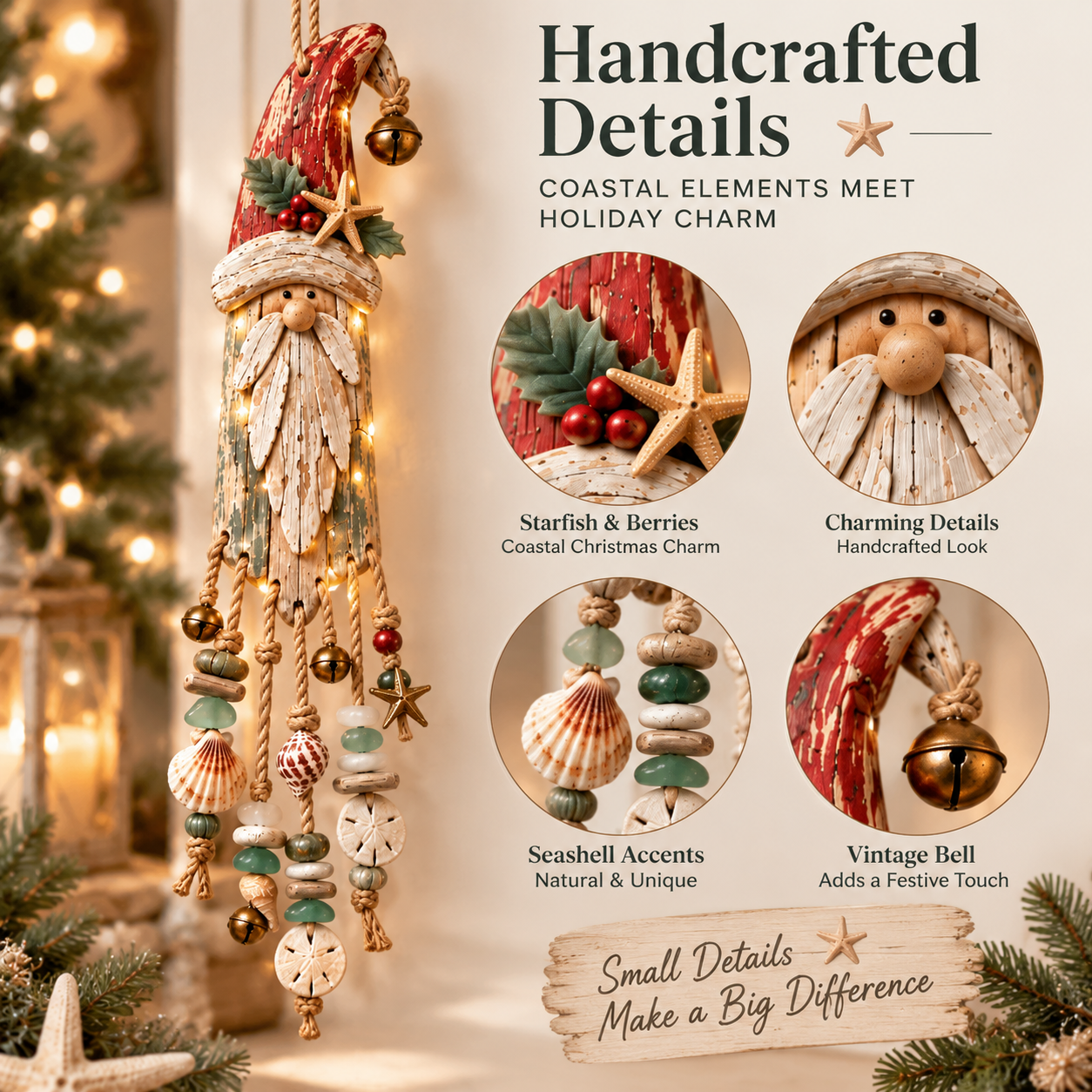 Lighted Coastal Christmas Gnome Hanging Decor