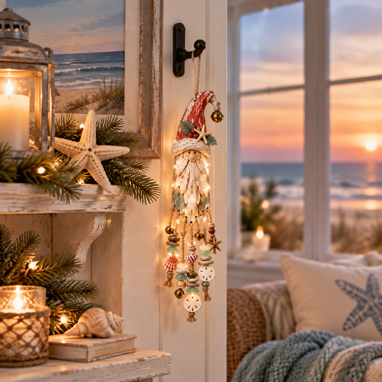 Lighted Coastal Christmas Gnome Hanging Decor