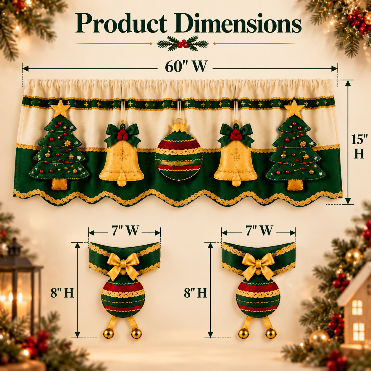 Traditional Christmas Window Valance Topper with Decorative Tiebacks