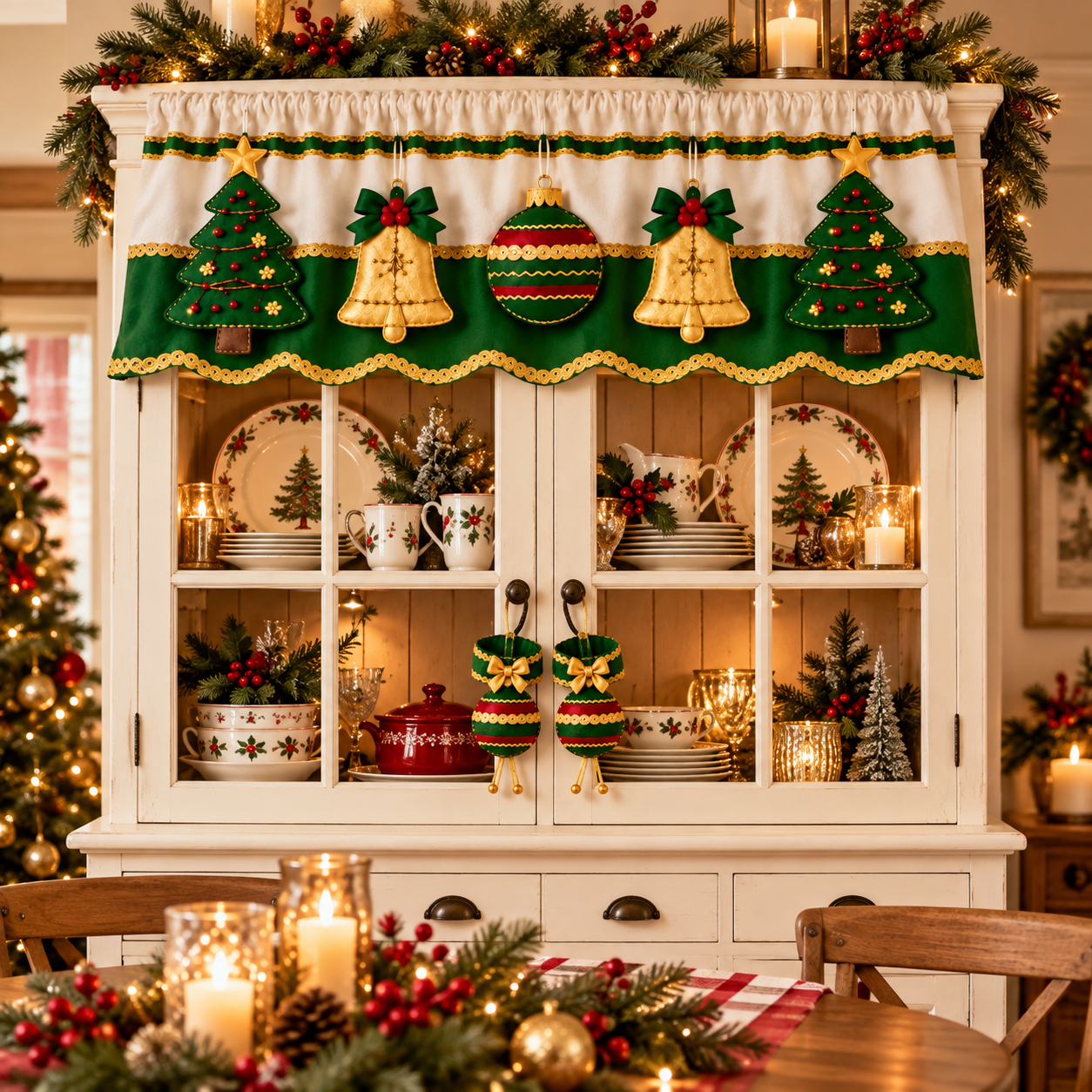Traditional Christmas Window Valance Topper with Decorative Tiebacks