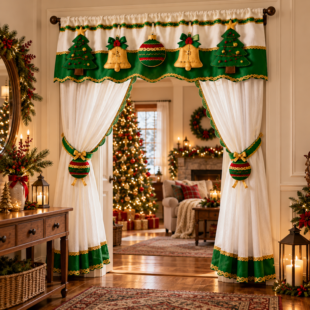 Traditional Christmas Window Valance Topper with Decorative Tiebacks