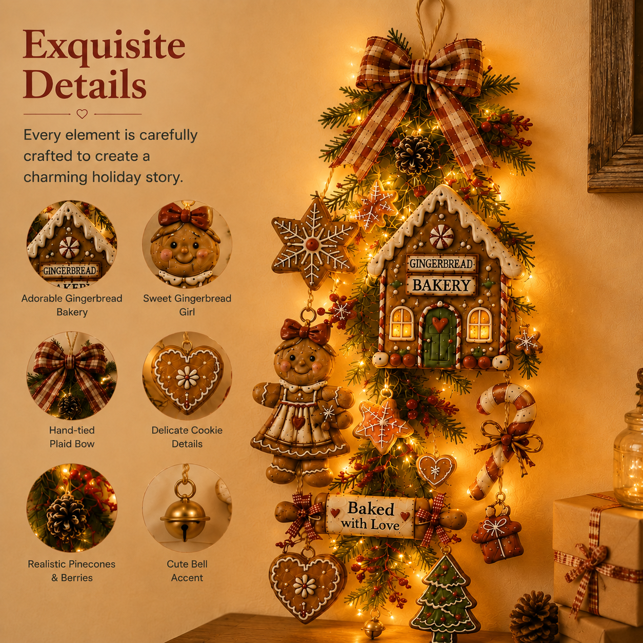 Lighted Gingerbread Bakery Christmas Tree Wall Hanging Decor