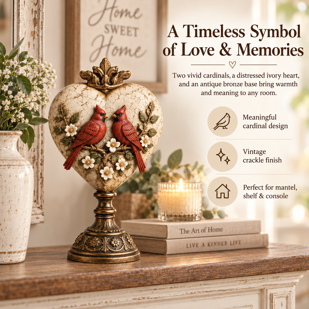 Vintage Cardinal Heart Keepsake Sculpture