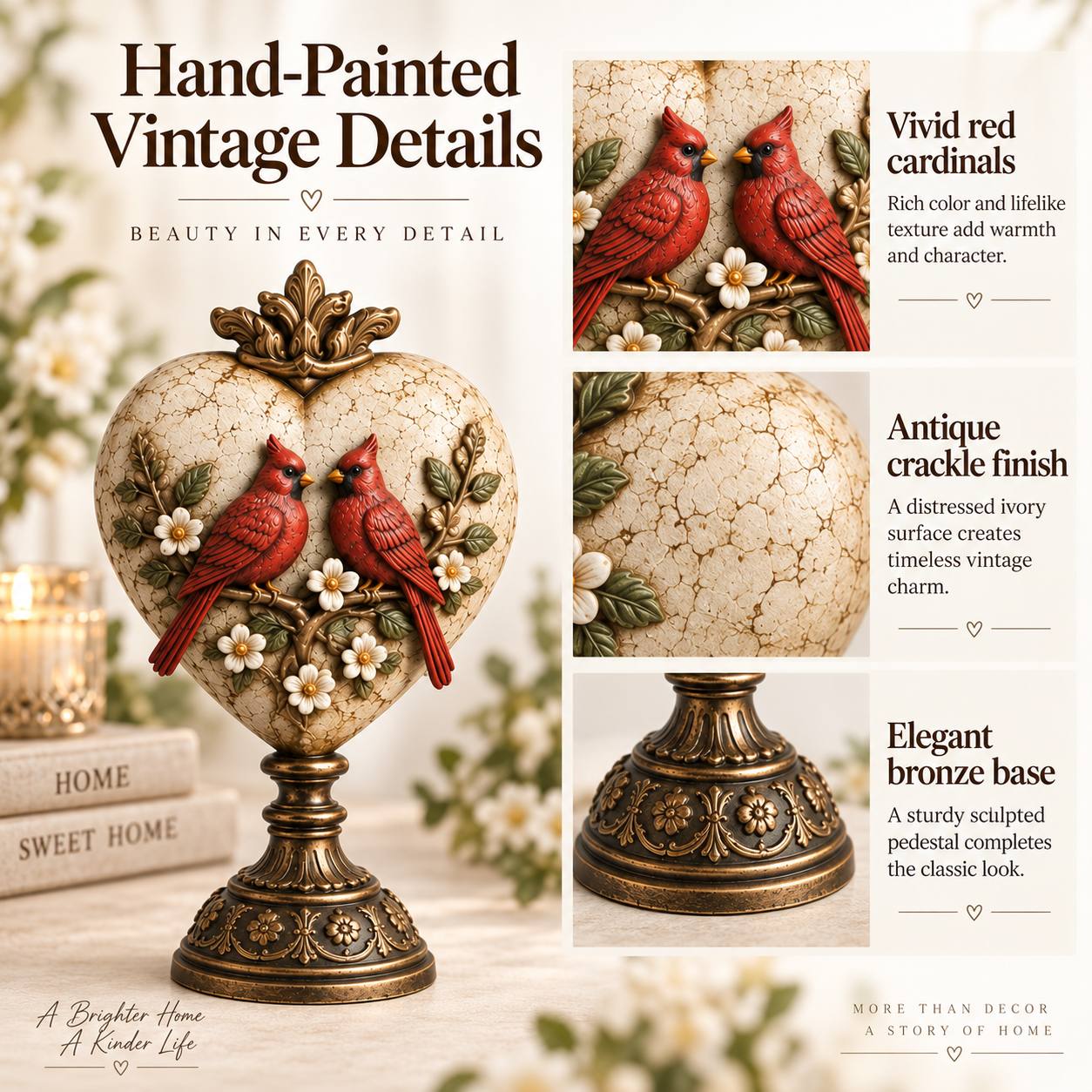 Vintage Cardinal Heart Keepsake Sculpture