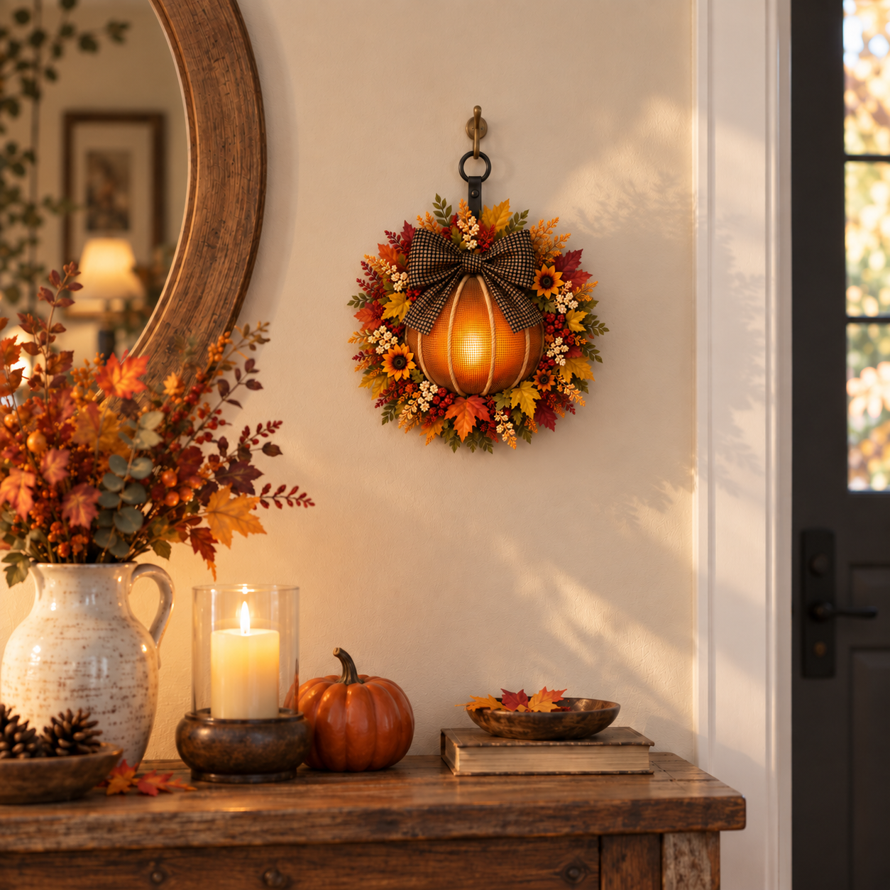 Lighted Fall Pumpkin Wreath with Plaid Bow