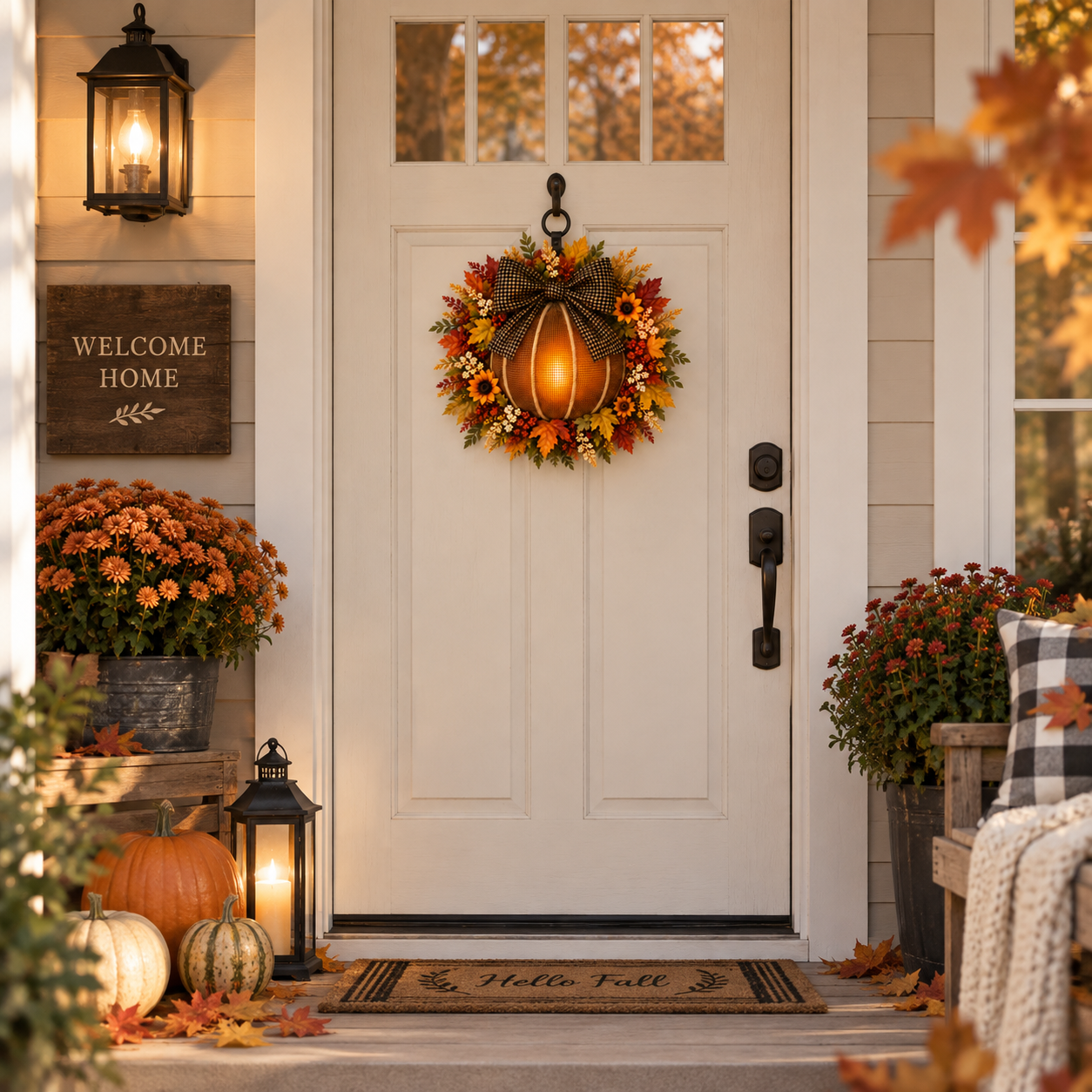 Lighted Fall Pumpkin Wreath with Plaid Bow