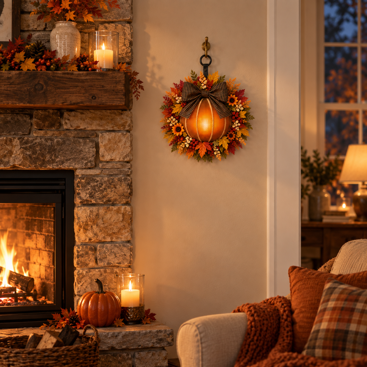 Lighted Fall Pumpkin Wreath with Plaid Bow