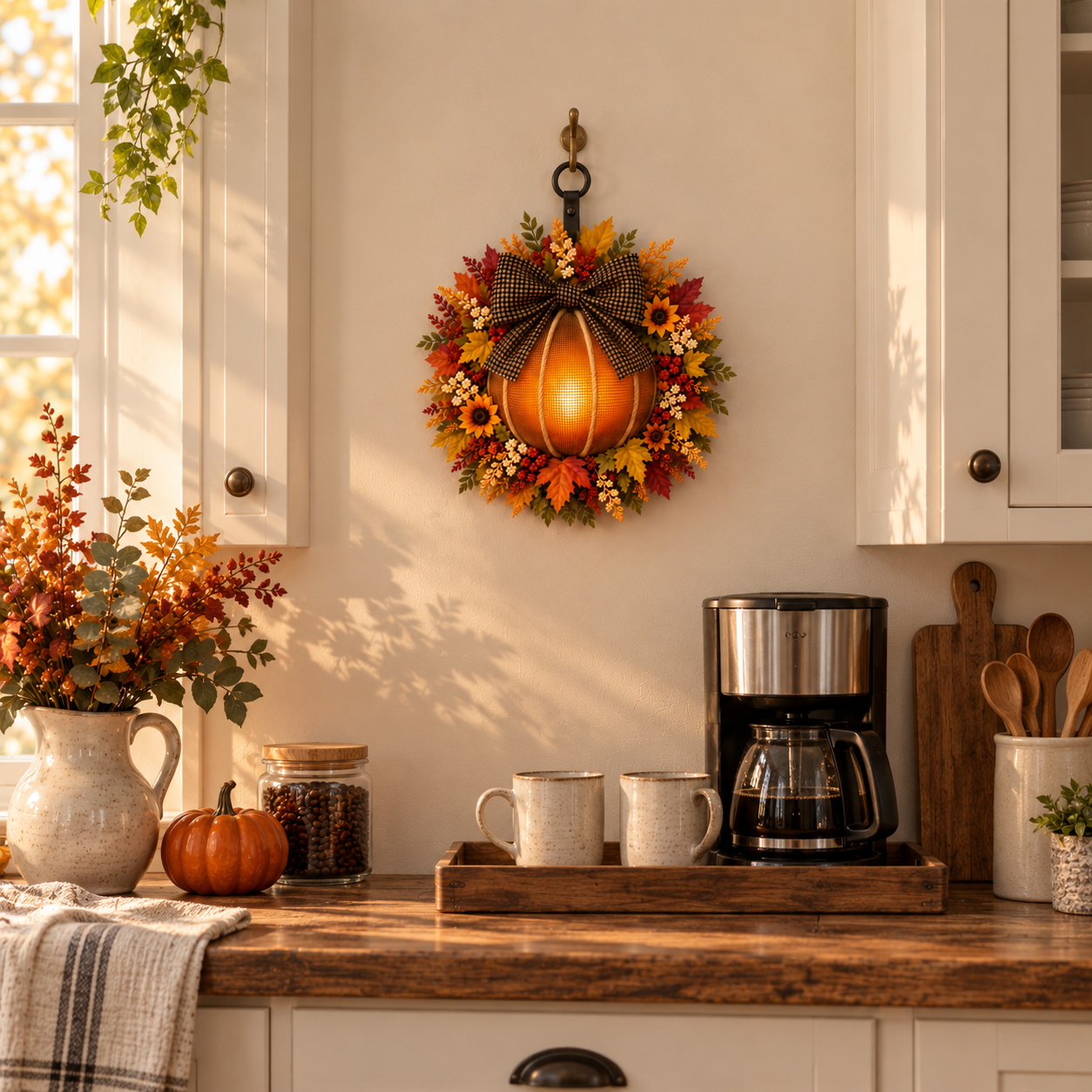 Lighted Fall Pumpkin Wreath with Plaid Bow