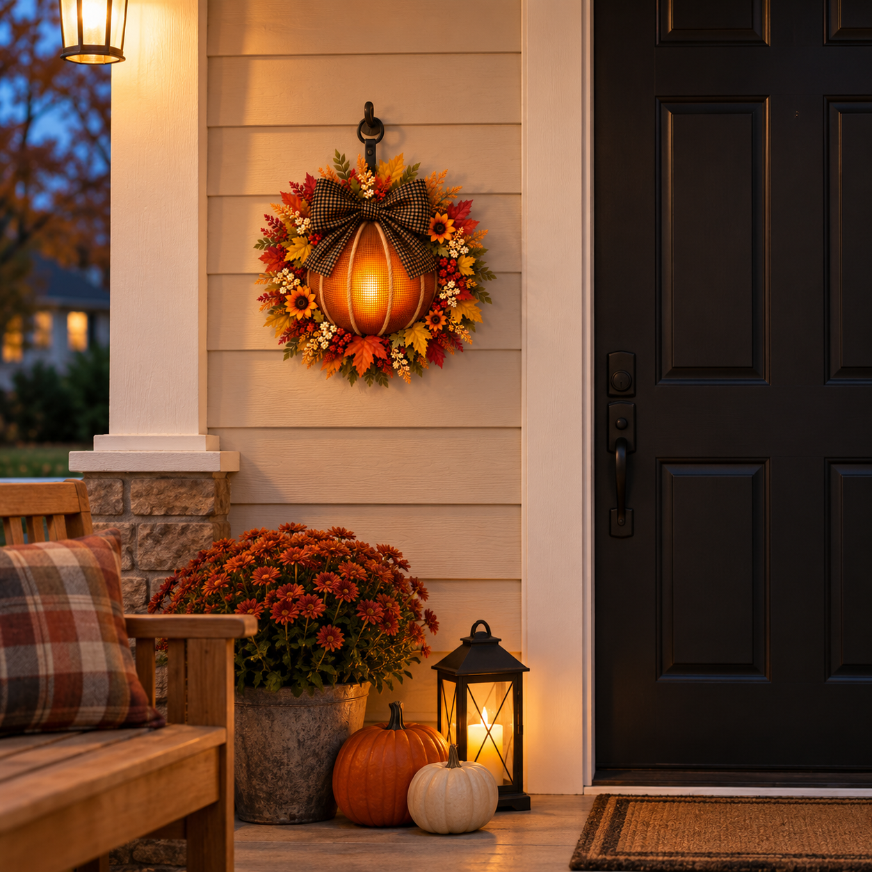 Lighted Fall Pumpkin Wreath with Plaid Bow