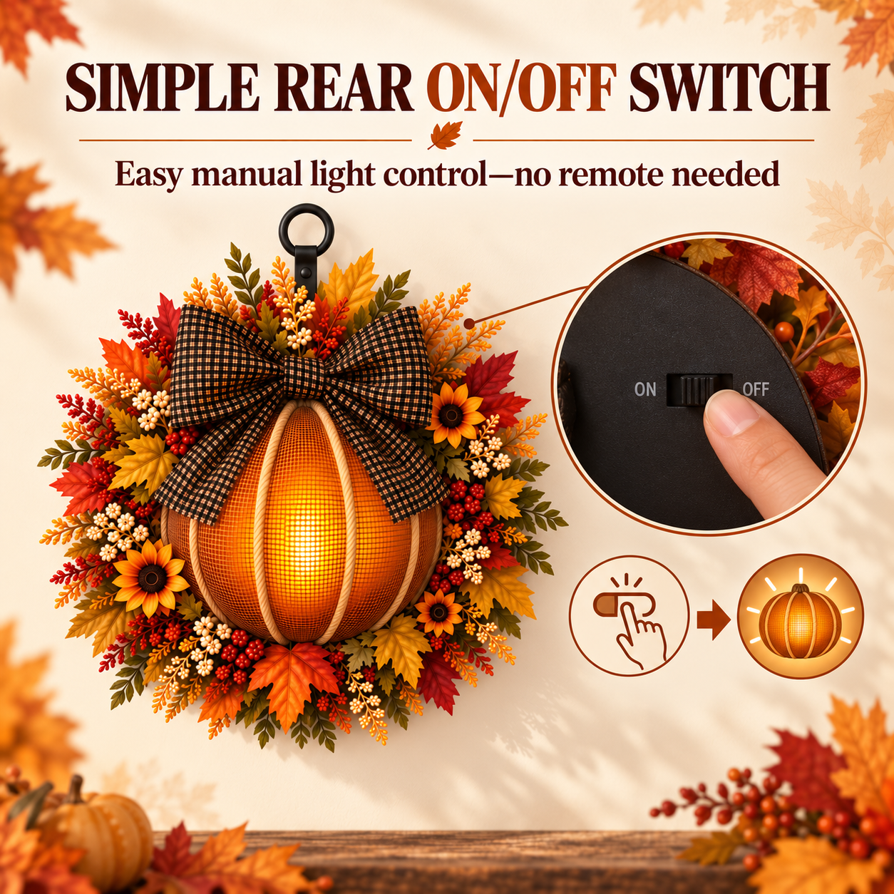 Lighted Fall Pumpkin Wreath with Plaid Bow