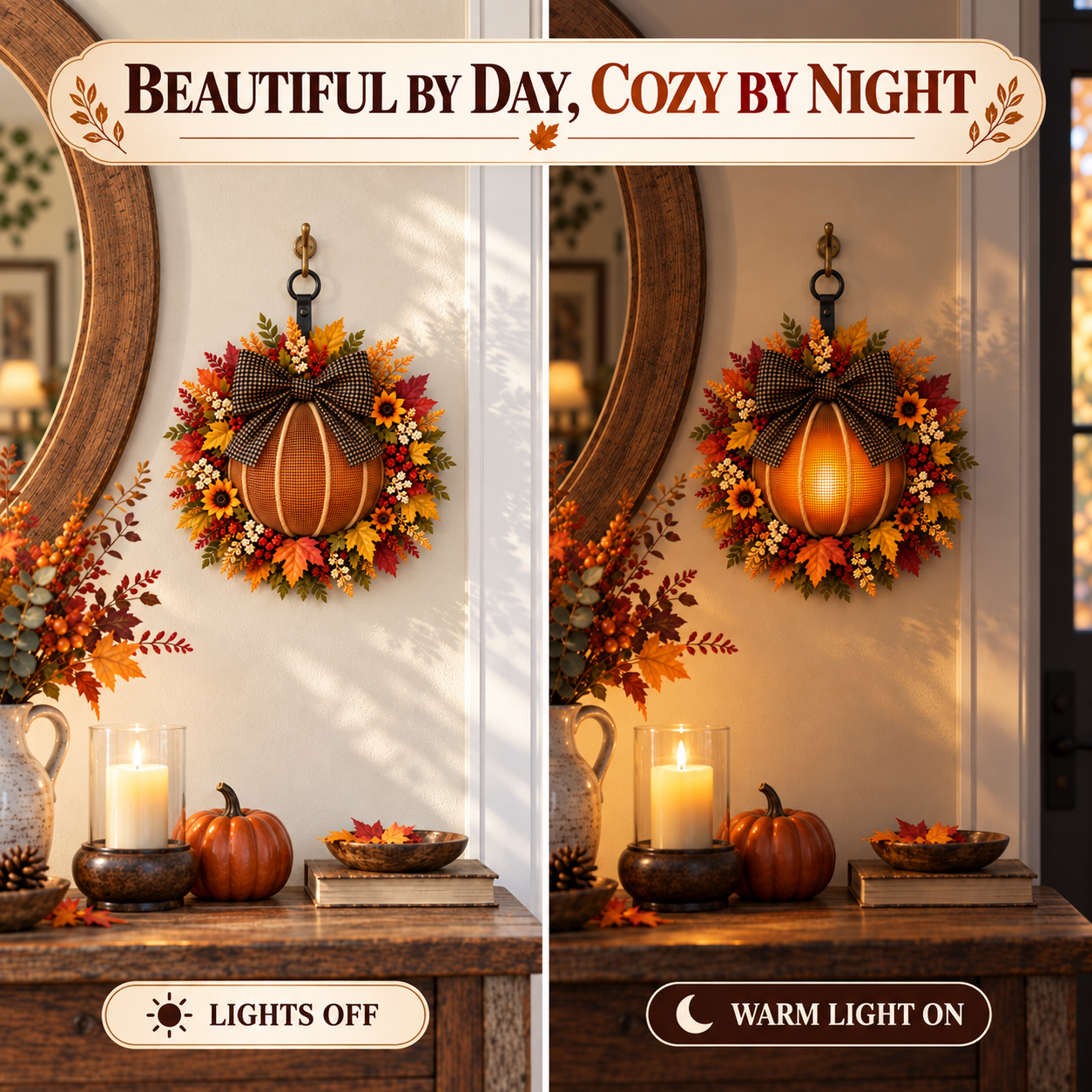 Lighted Fall Pumpkin Wreath with Plaid Bow