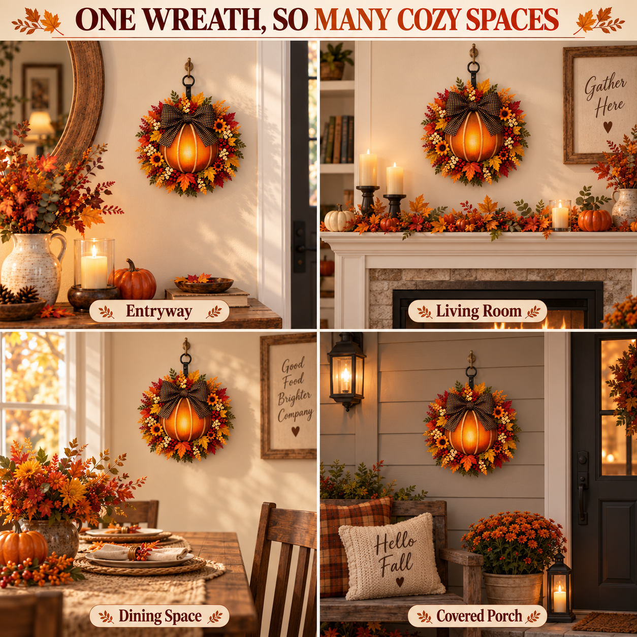 Lighted Fall Pumpkin Wreath with Plaid Bow