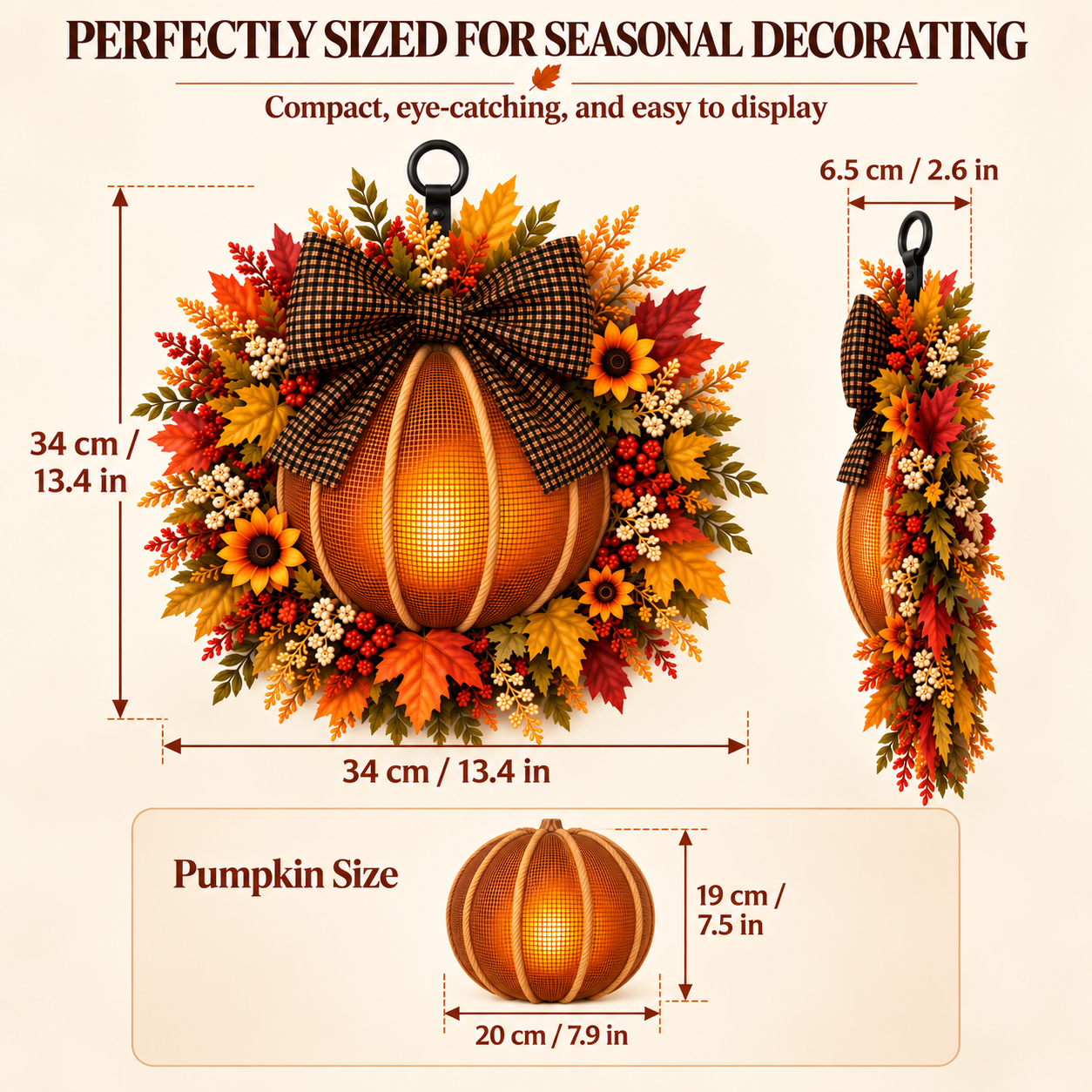 Lighted Fall Pumpkin Wreath with Plaid Bow