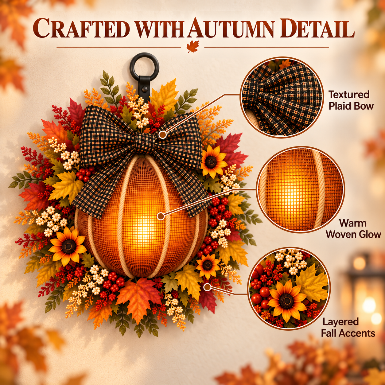 Lighted Fall Pumpkin Wreath with Plaid Bow