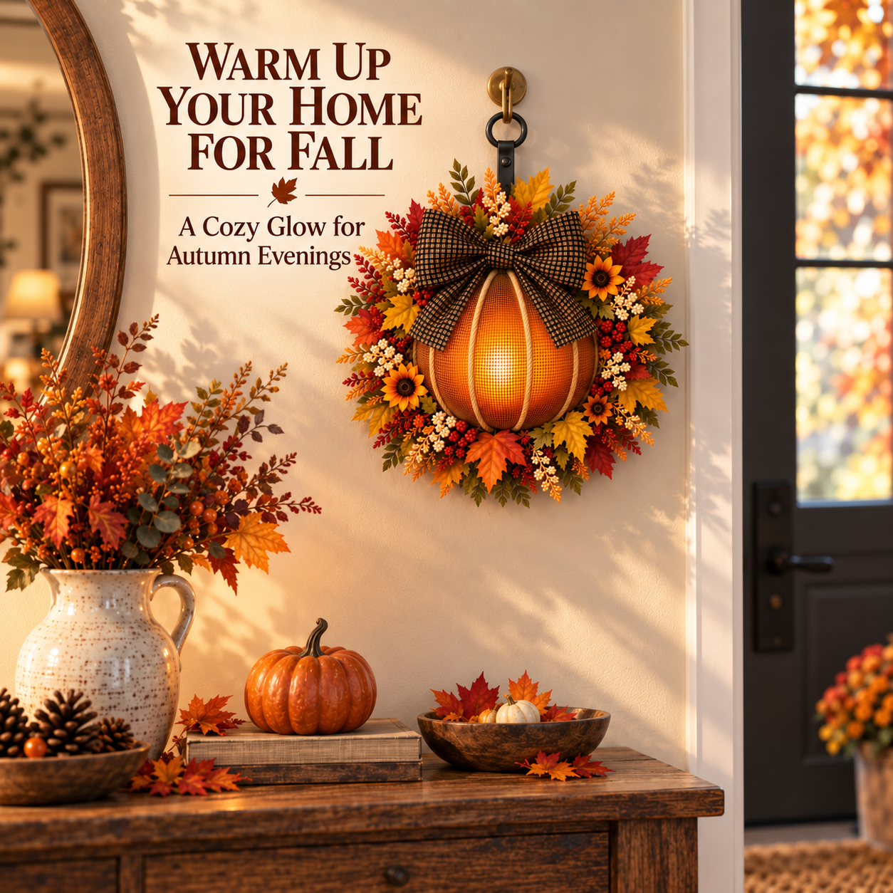 Lighted Fall Pumpkin Wreath with Plaid Bow