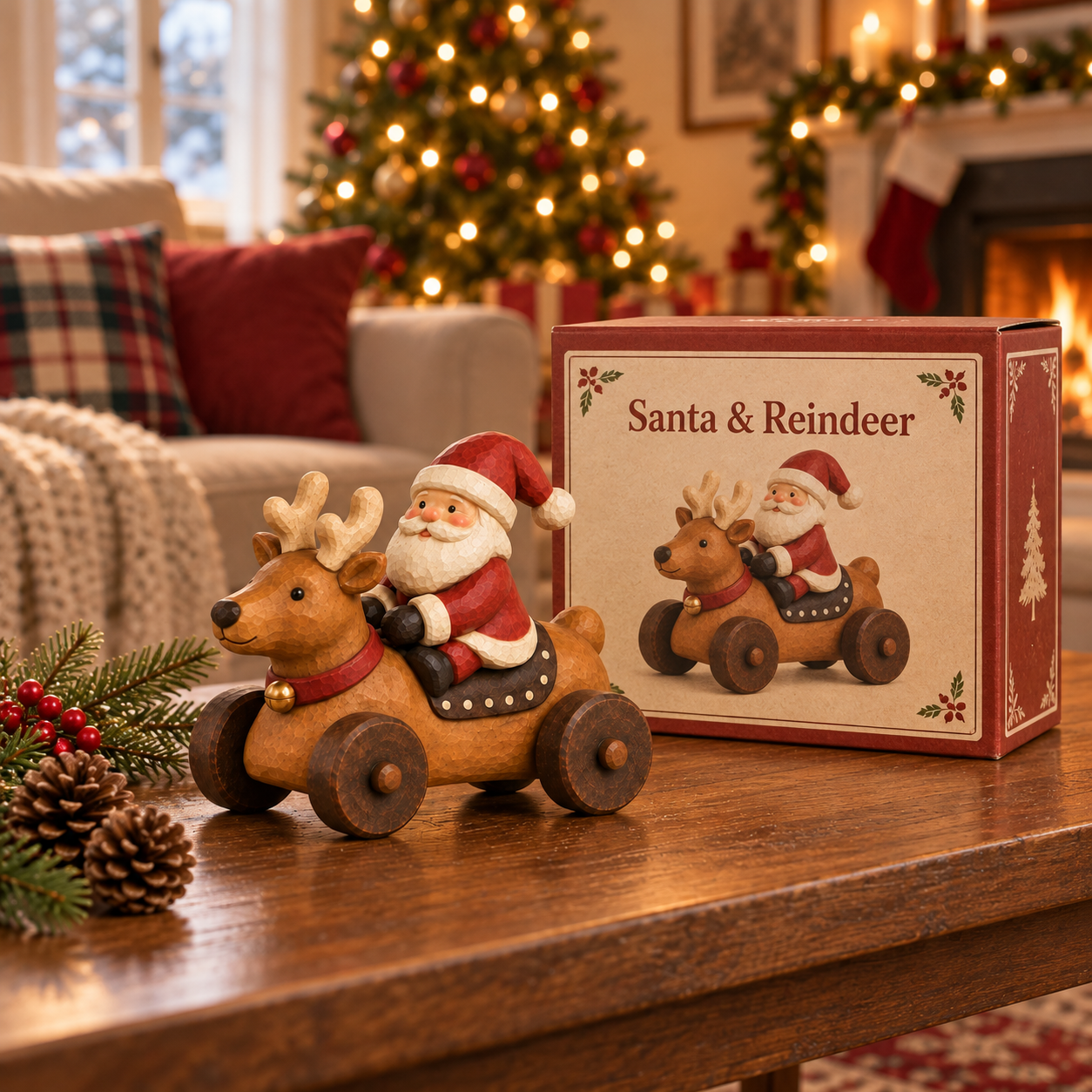Vintage Santa Reindeer Rolling Christmas Decor
