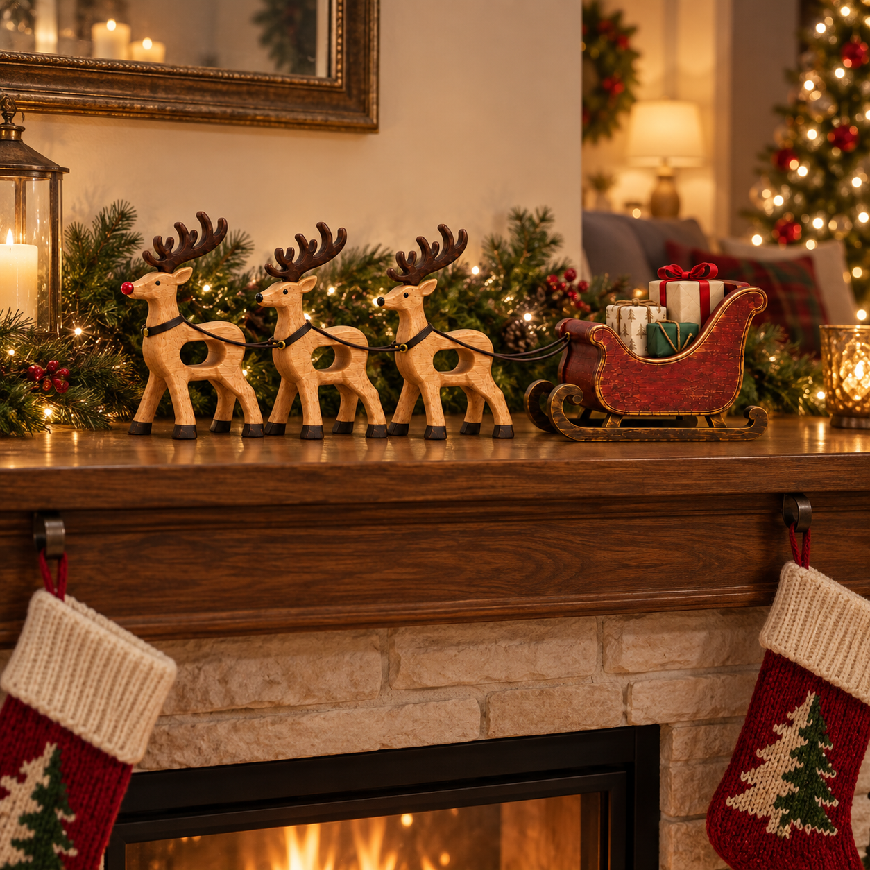 Vintage Wooden Reindeer & Sleigh Christmas Decor Set