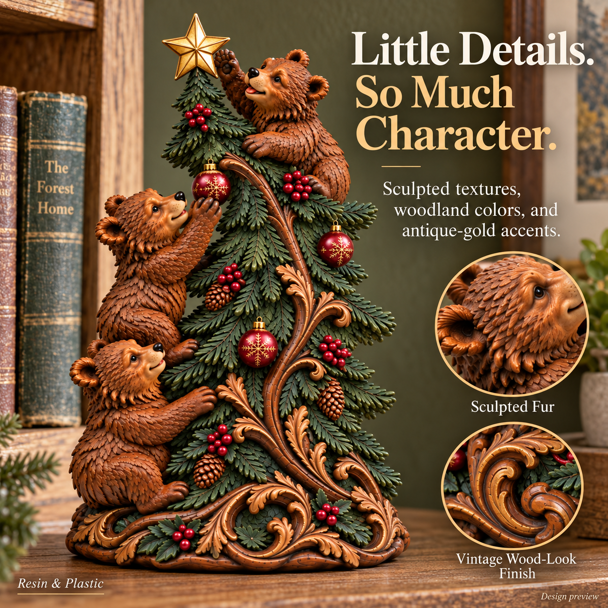 Vintage Lighted Christmas Tree with Three Bears