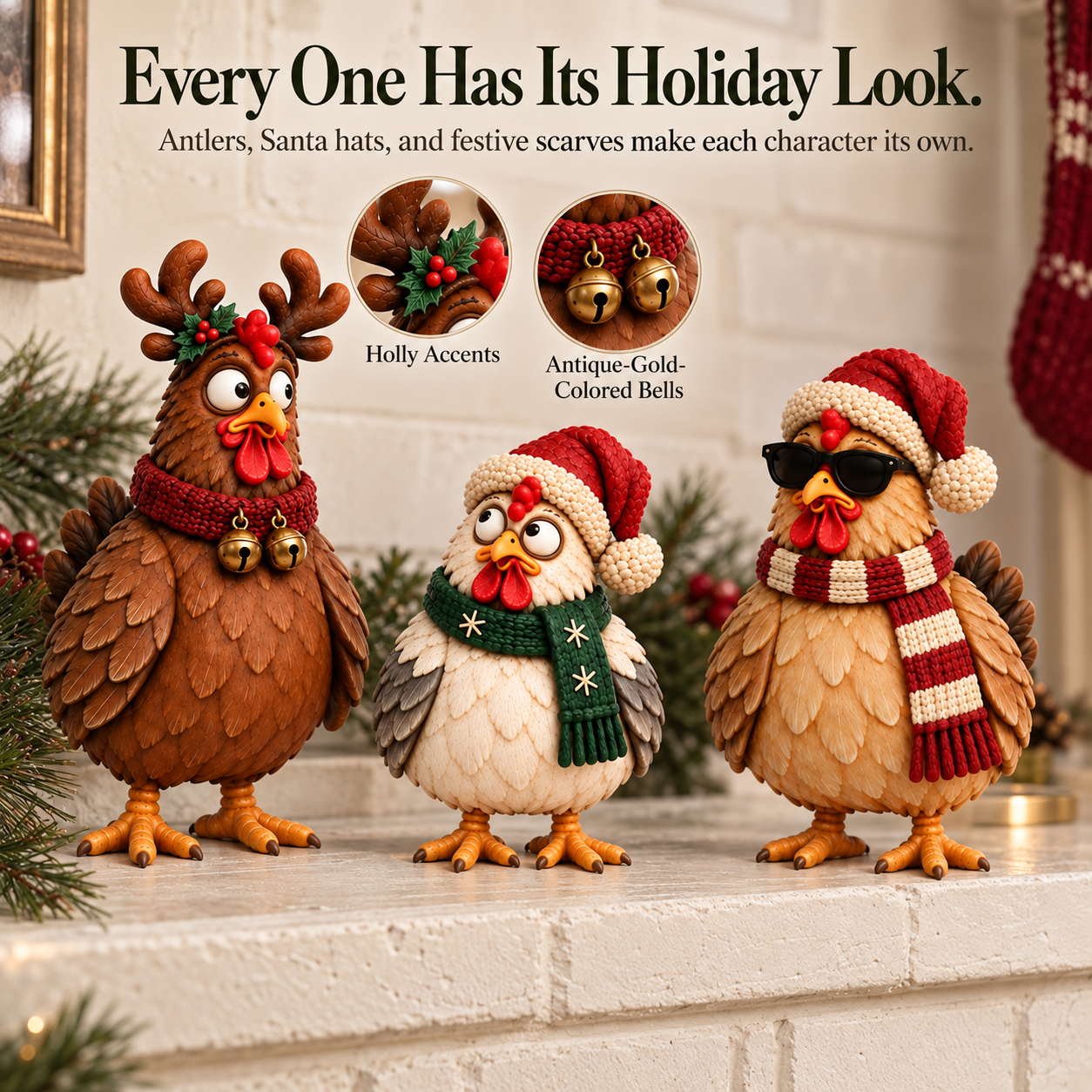 Vintage Christmas Chicken Figurine Set of 3